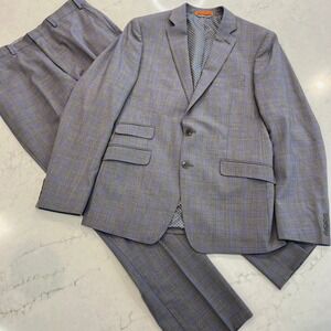 Tallia 2-Piece Suit 42R Grey Purple 100% Wool Glen Plaid Two Button Double Vent